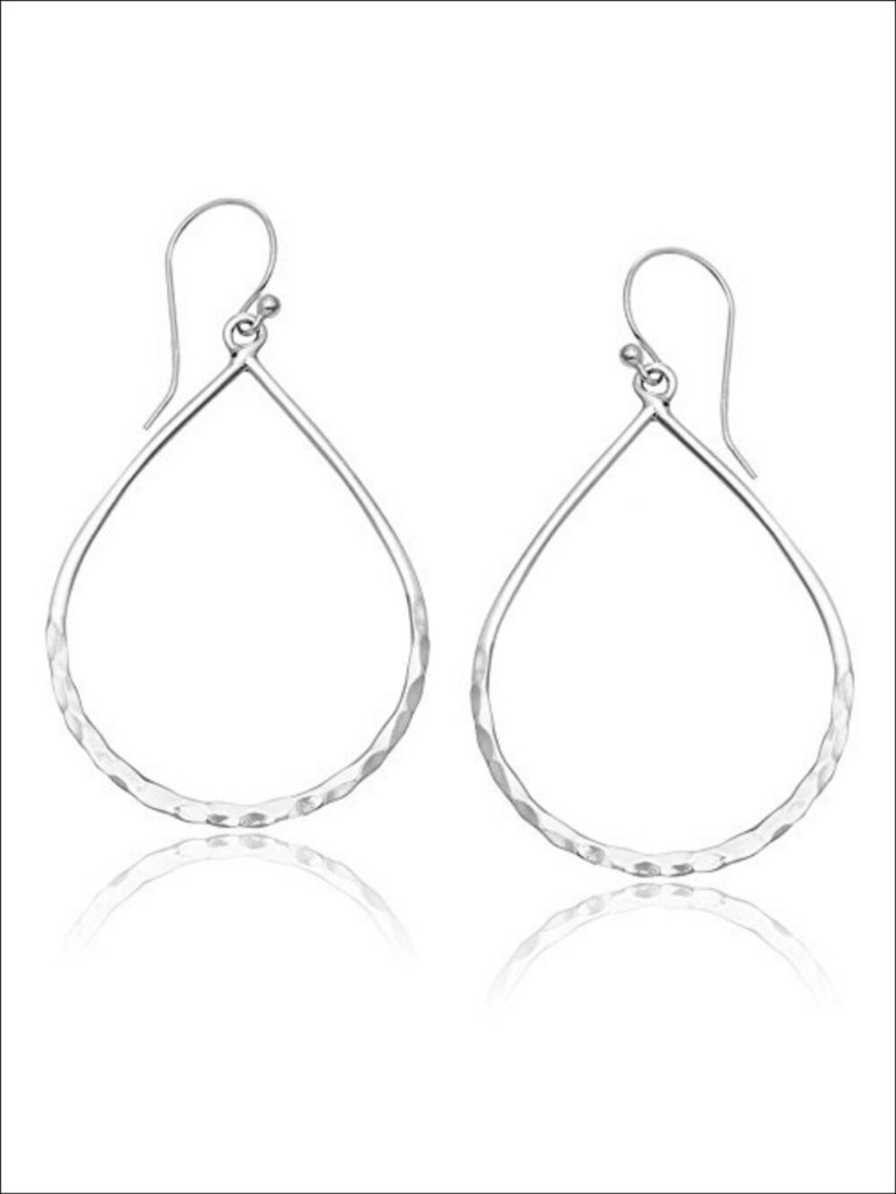 925 Sterling Silver Hammered Teardrop Hoop Earrings 40mm Drop French Wire